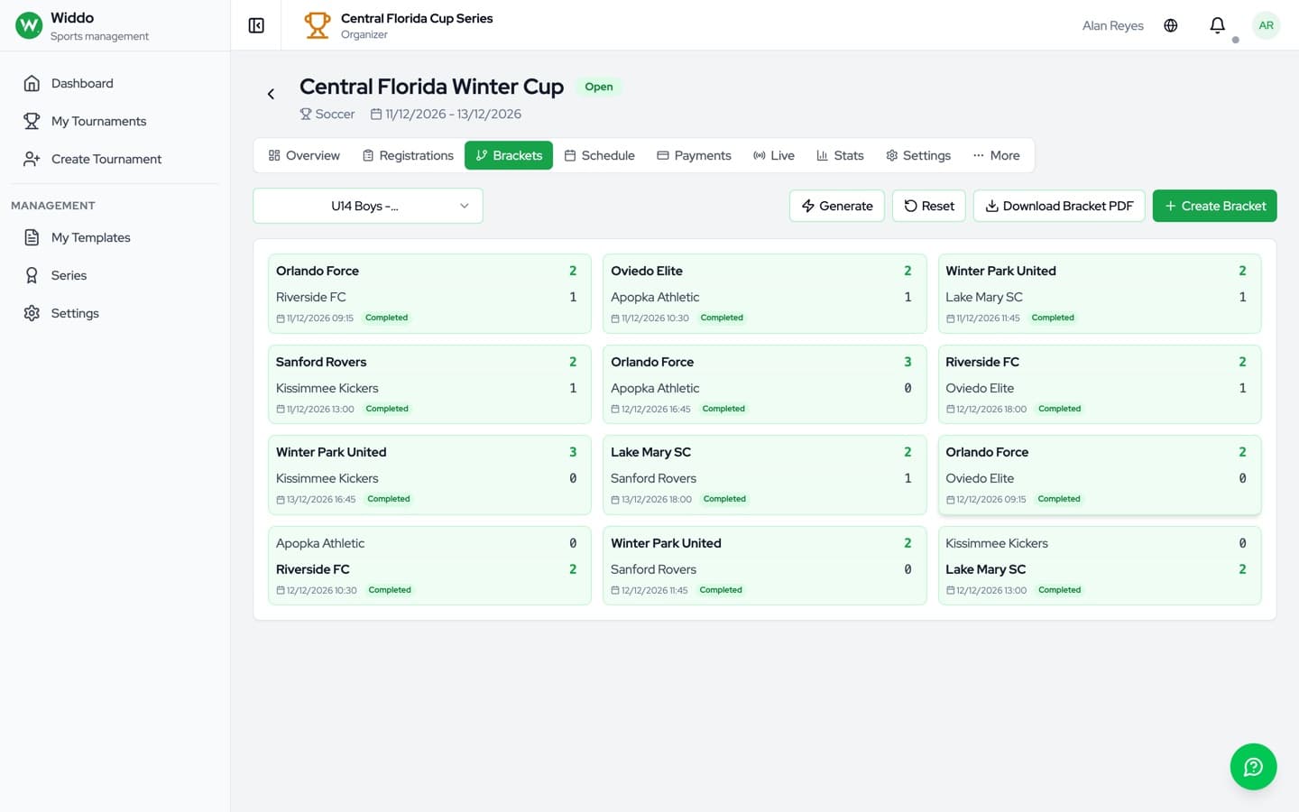 Widdo bracket view with match results